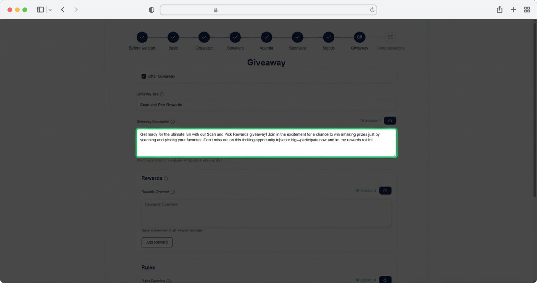 Enter a giveaway description or use the AI assistant
