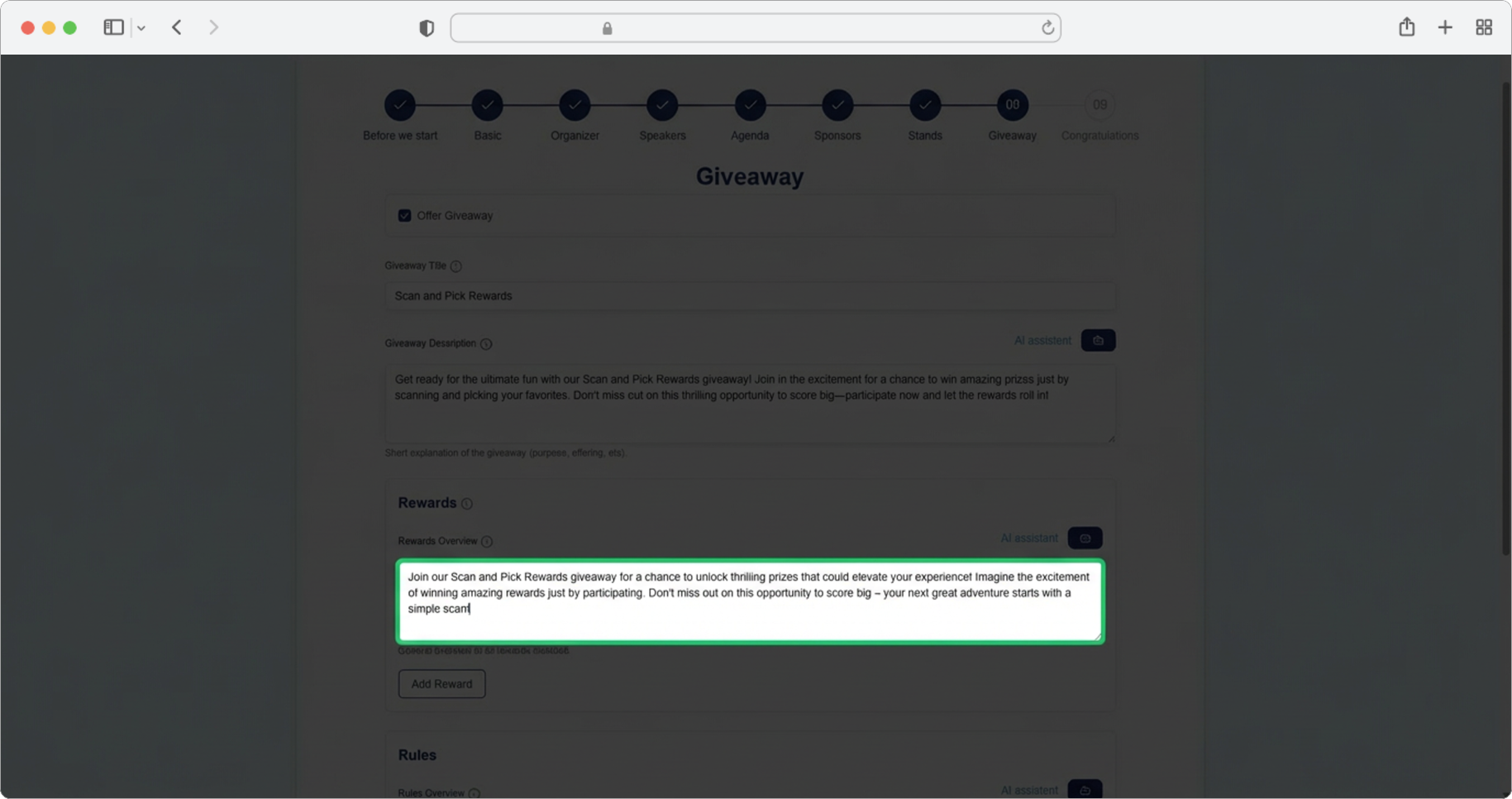 Enter a rewards overview or use the AI assistant