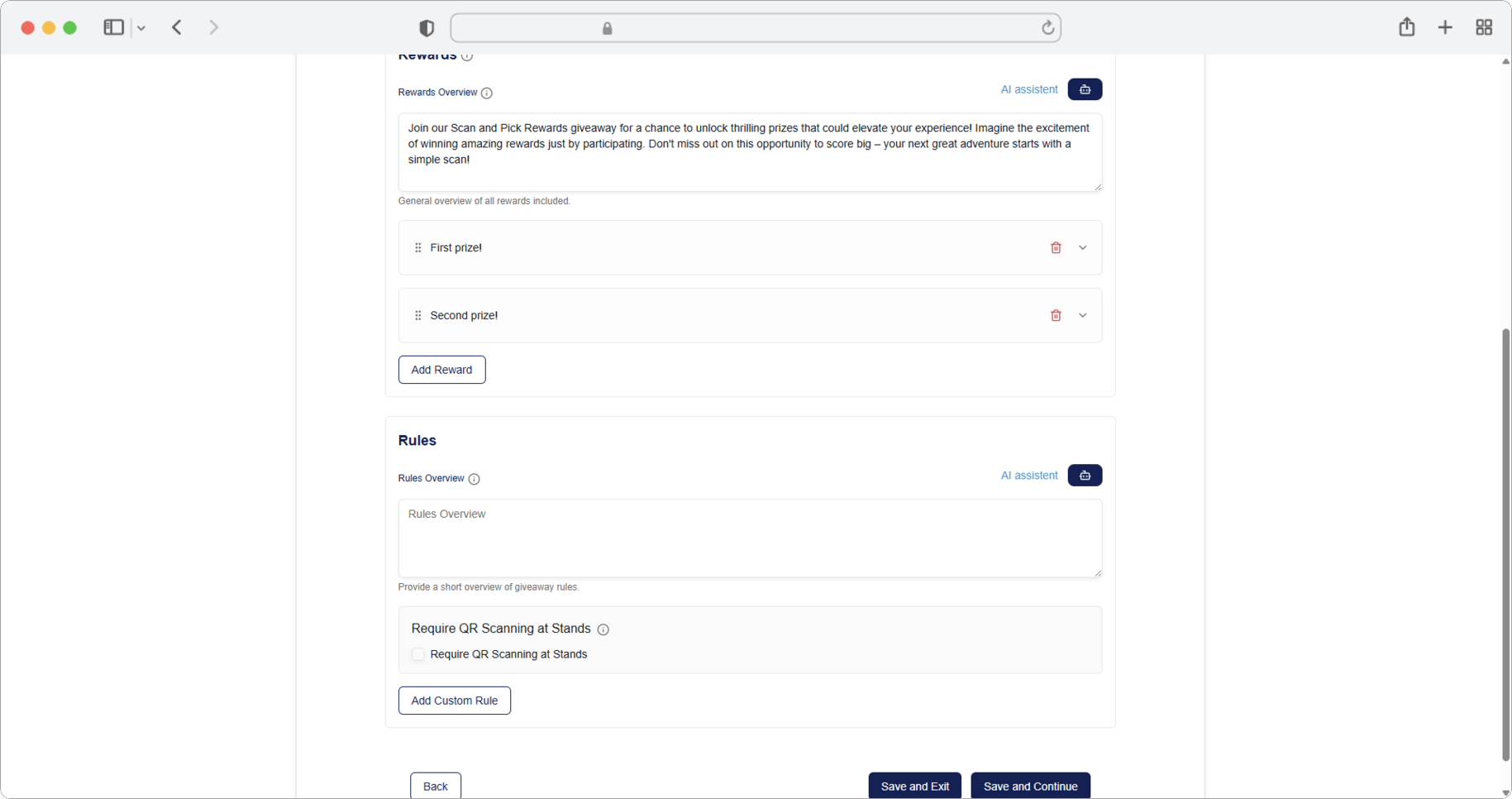 Manage multiple rewards — reorder with drag and drop, delete with the trash icon